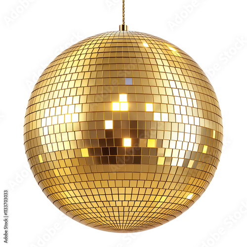 A shiny gold disco ball reflecting light in tiny mirrored panels, isolated on a transparent background