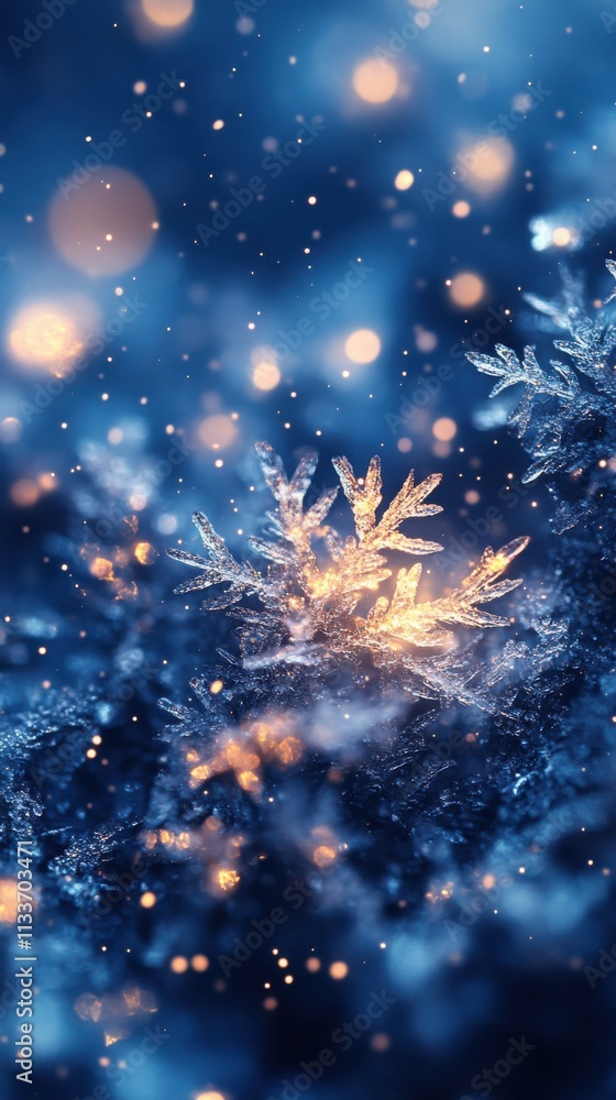 Naklejka premium A serene winter scene featuring snowflakes and soft, glowing lights.