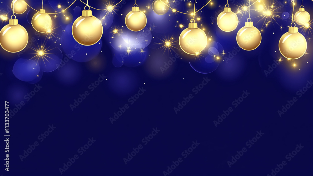 Shimmering golden ornaments hang against deep blue background, creating festive and magical atmosphere. Perfect for holiday celebrations and seasonal designs Shimmering golden ornaments hang against deep blue background, creating festive and magical atmosphere. Perfect for holiday celebrations and seasonal designs