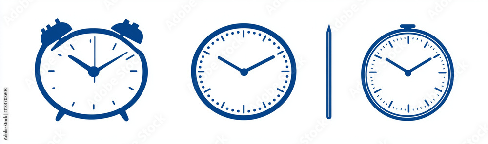 Stylized line vector icons of clocks and timers, showcasing various designs and features. These icons represent time management and punctuality in simple yet effective manner Stylized line vector icons of clocks and timers, showcasing various designs and features. These icons represent time management and punctuality in simple yet effective manner