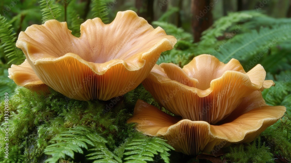 Elegant Orange Mushrooms with Ruffled Edges in Lush Green Forest Elegant Orange Mushrooms with Ruffled Edges in Lush Green Forest