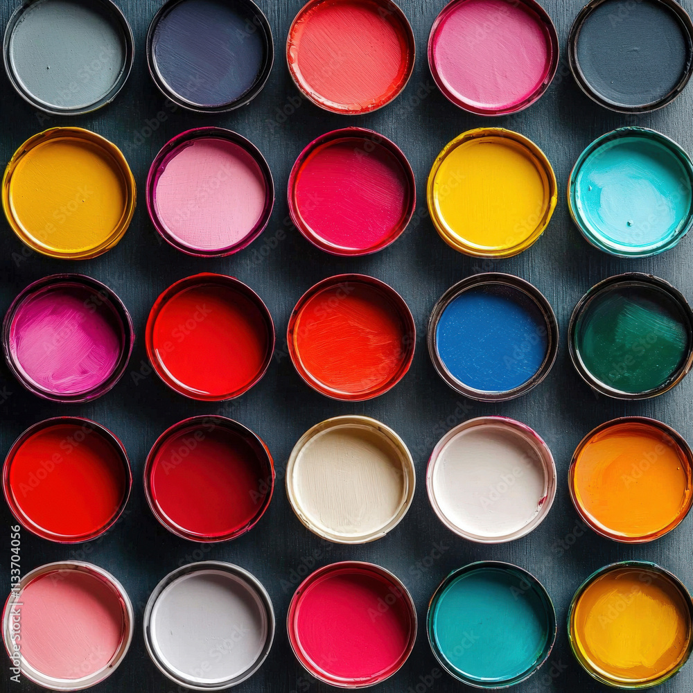 Collection of open paint pots displaying vibrant CMYK colors Collection of open paint pots displaying vibrant CMYK colors
