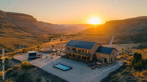 Aerial view of a luxury farmhouse nestled in a desert canyon at sunset.  The property features a pool, expansive deck, and stunning views.