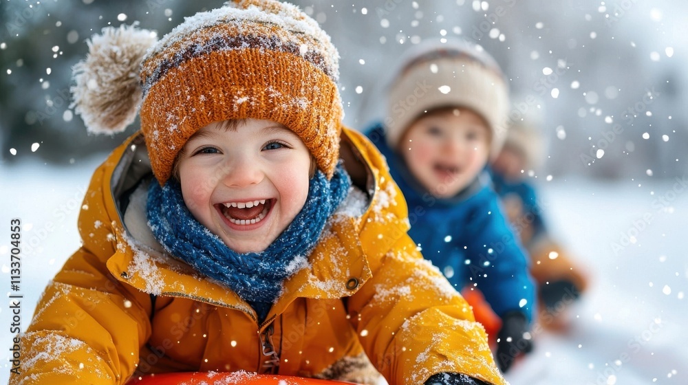 Cheerful young boy wearing a warm yellow jacket knit hat and scarf laughing and enjoying the cold winter weather while playing outdoors in a snowy landscape Cheerful young boy wearing a warm yellow jacket knit hat and scarf laughing and enjoying the cold winter weather while playing outdoors in a snowy landscape