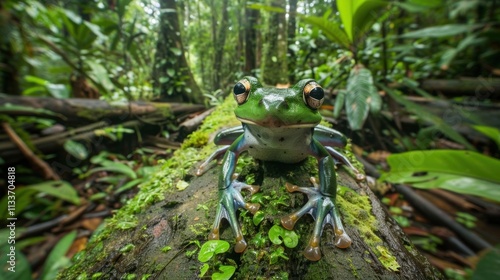 Vibrant green wallace's flying frog perches on a mossy log in a lush rainforest, showcasing its unique webbed feet and captivating gaze amidst the verdant foliage photo