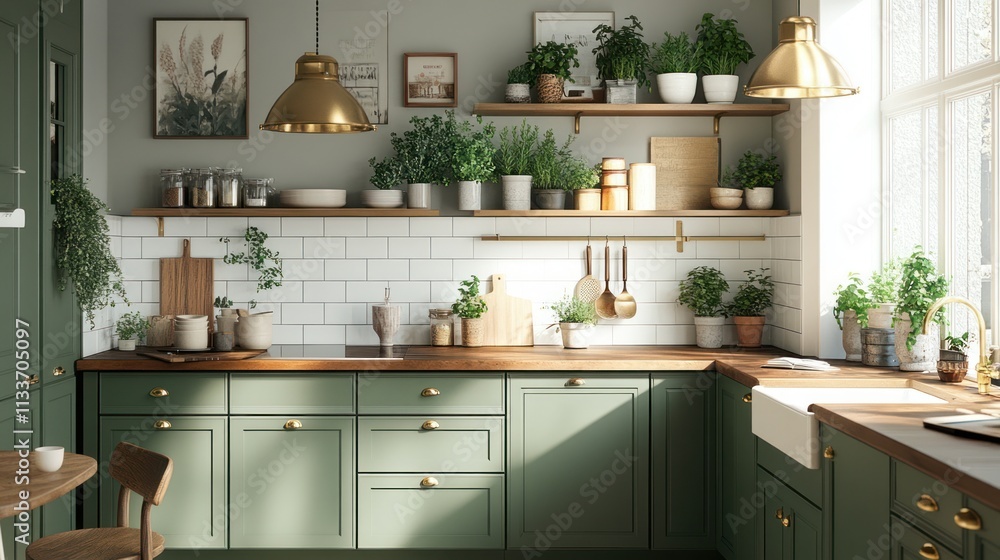 Sunlit green kitchen with plants, shelves, and wooden counter. Sunlit green kitchen with plants, shelves, and wooden counter.