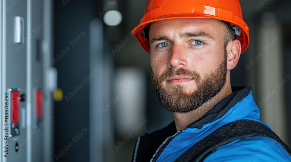 A Safety engineer with orange helmet and blue jacket in industrial setting A Safety engineer with orange helmet and blue jacket in industrial setting