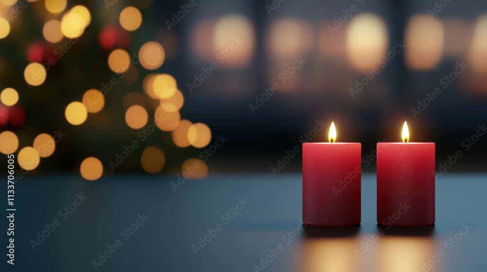 Two red candles glowing warmly on table with blurred festive background Two red candles glowing warmly on table with blurred festive background