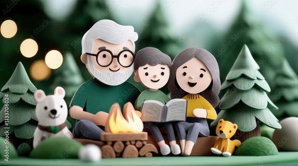 A heartwarming scene of a happy family enjoying a cozy camping trip in the serene forest gathered around a warm bonfire with their fuzzy animal companions radiating joy and tranquility A heartwarming scene of a happy family enjoying a cozy camping trip in the serene forest gathered around a warm bonfire with their fuzzy animal companions radiating joy and tranquility