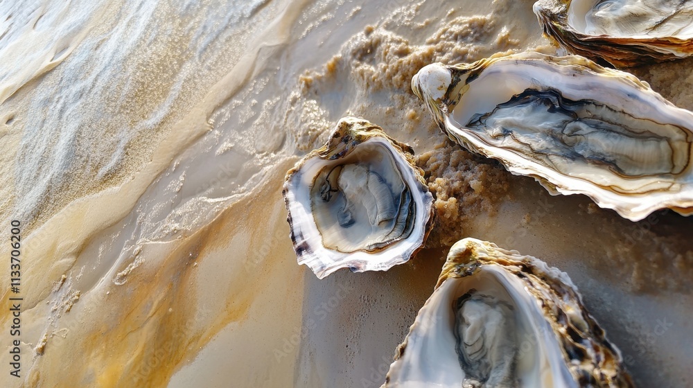 Fresh Oysters on Sand by Shoreline with Ocean Water and Waves Fresh Oysters on Sand by Shoreline with Ocean Water and Waves