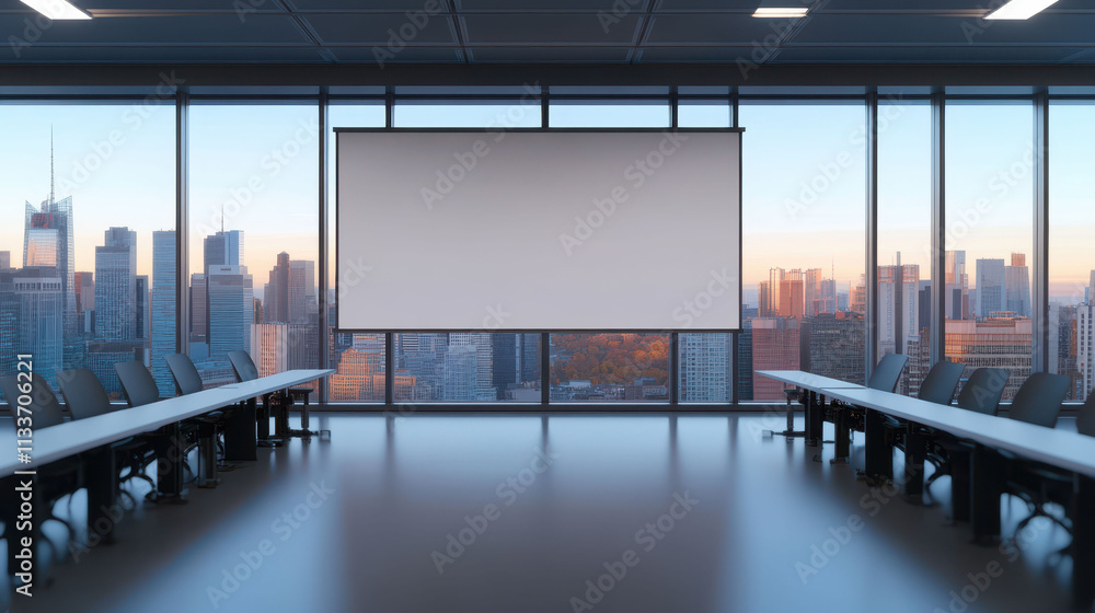 Modern conference room with large windows overlooking city skyline at sunset Modern conference room with large windows overlooking city skyline at sunset