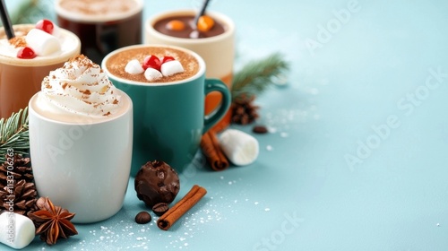 Steaming cup of hot chocolate or cocoa with marshmallows cinnamon sticks and a festive pine wreath with cones in a cozy winter themed setting photo