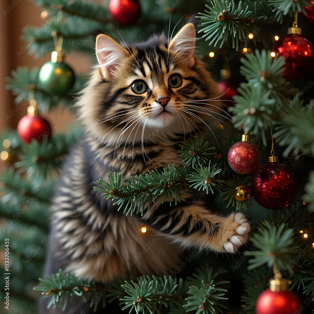 A mischievous cat celebrating Christmas climbing, high detailed, 4K, ready to add your text A mischievous cat celebrating Christmas climbing, high detailed, 4K, ready to add your text