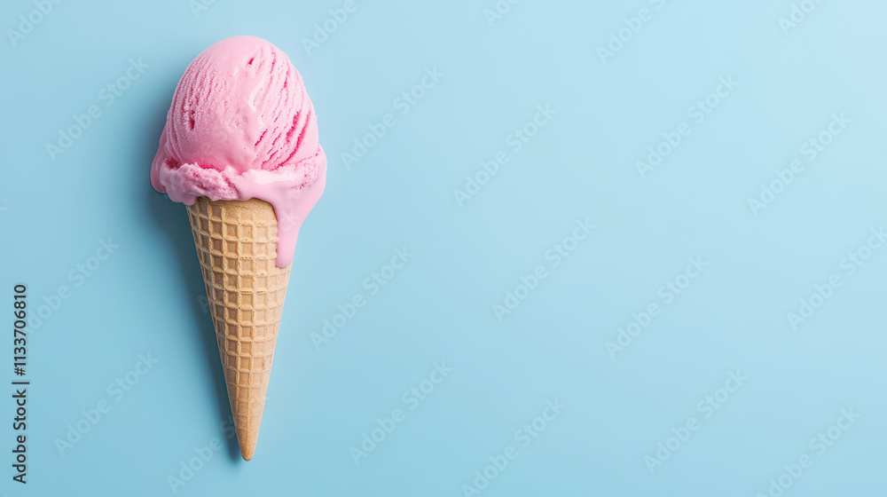 A Pink ice cream cone melting on pastel blue background A Pink ice cream cone melting on pastel blue background