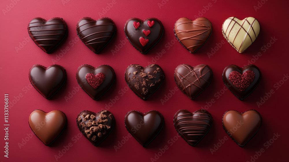 A variety of heart shaped chocolates in different flavors and designs on red background A variety of heart shaped chocolates in different flavors and designs on red background