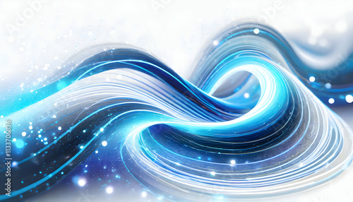 3D Abstract realistic illustration of neon blue light trails, sparkling fairytale swirls.