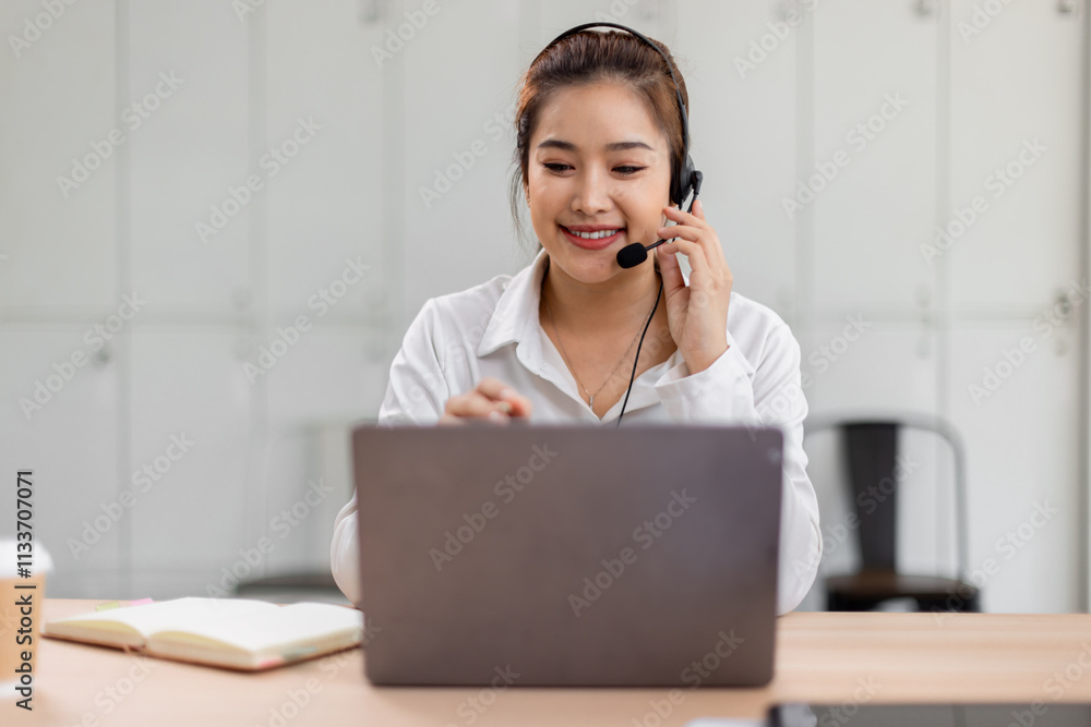 Beautiful asian female operator working laptop and call center agent in the office. Call center customer service. Customer crm and help or support.
Beautiful asian female operator working laptop and call center agent in the office. Call center customer service. Customer crm and help or support.