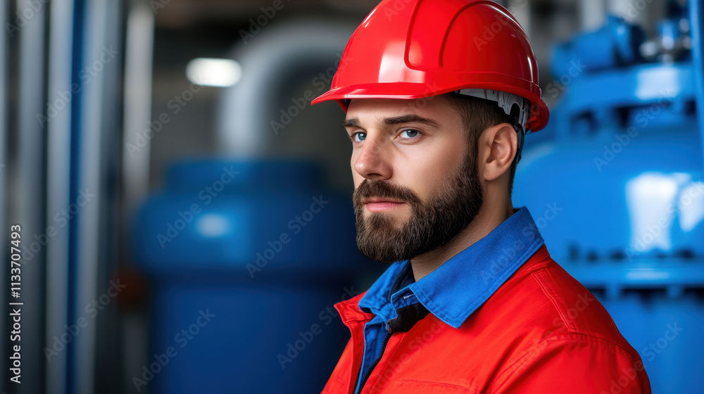 A safety engineer wearing red hard hat and uniform stands confidently in industrial setting A safety engineer wearing red hard hat and uniform stands confidently in industrial setting