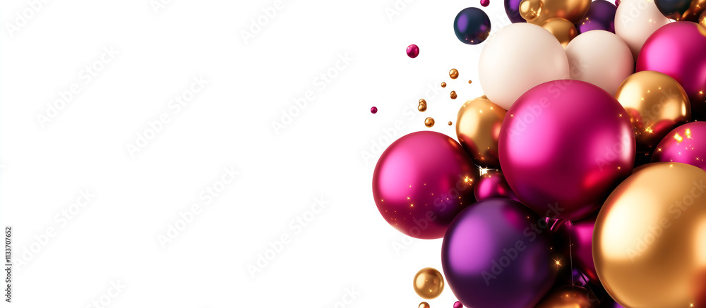 Colorful 3D golden balloons scattered on a white backdrop. Colorful 3D golden balloons scattered on a white backdrop.