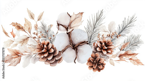 Watercolor Winter Botanical Arrangement  Cotton  Pine Cones    Leaves