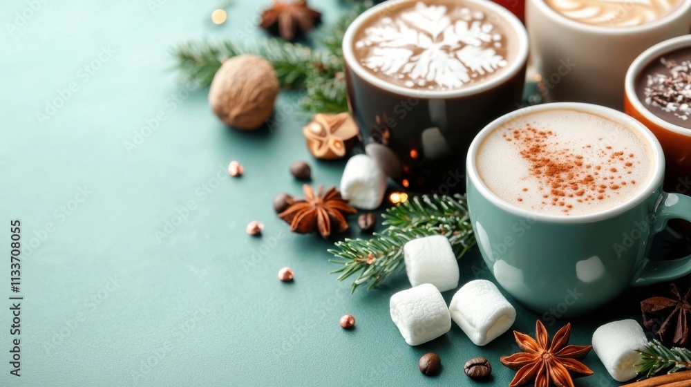 Cozy and inviting winter scene with steaming hot cocoa marshmallows and holiday accents like cinnamon sticks star anise and evergreen branches A calming Cozy and inviting winter scene with steaming hot cocoa marshmallows and holiday accents like cinnamon sticks star anise and evergreen branches A calming