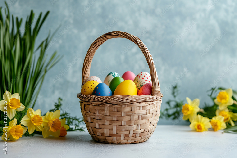 woven basket filled with colorful Easter eggs surrounded by vibrant flowers and greenery, creating cheerful and festive atmosphere woven basket filled with colorful Easter eggs surrounded by vibrant flowers and greenery, creating cheerful and festive atmosphere