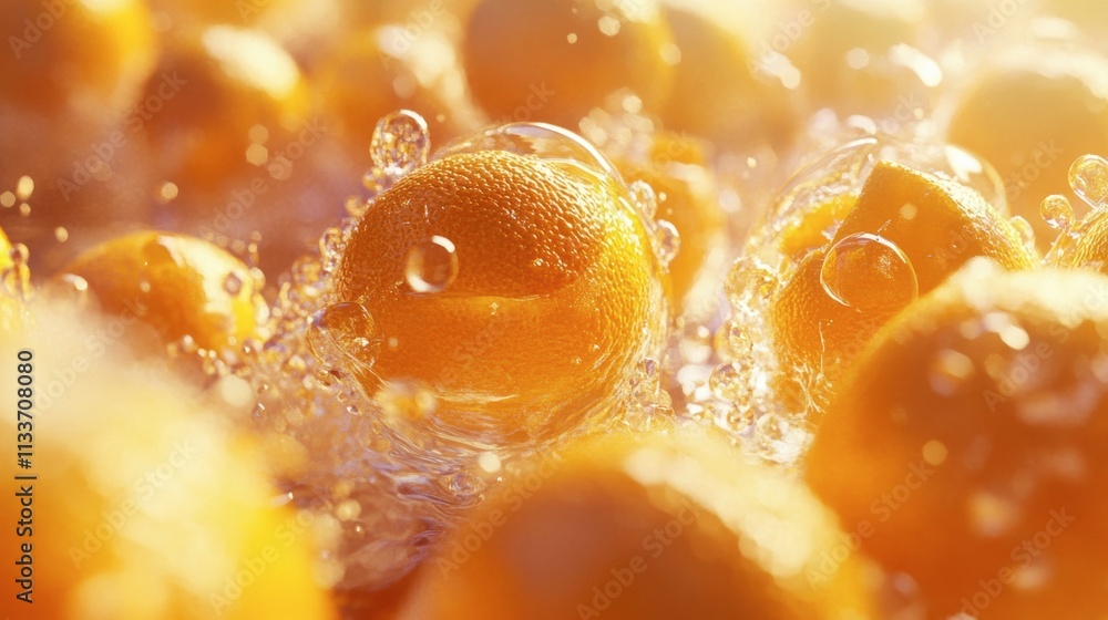 Fresh Oranges in Water Bubbles with Bright Sunlight Reflection Fresh Oranges in Water Bubbles with Bright Sunlight Reflection