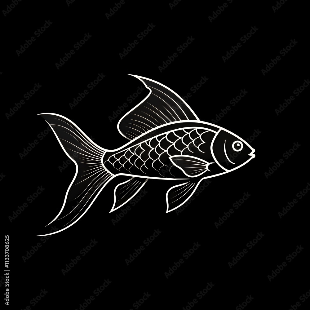 Fototapeta premium A sleek black fish illustration with white outlines, featuring flowing curves and angular elements for a dynamic and minimalist design on a black background.