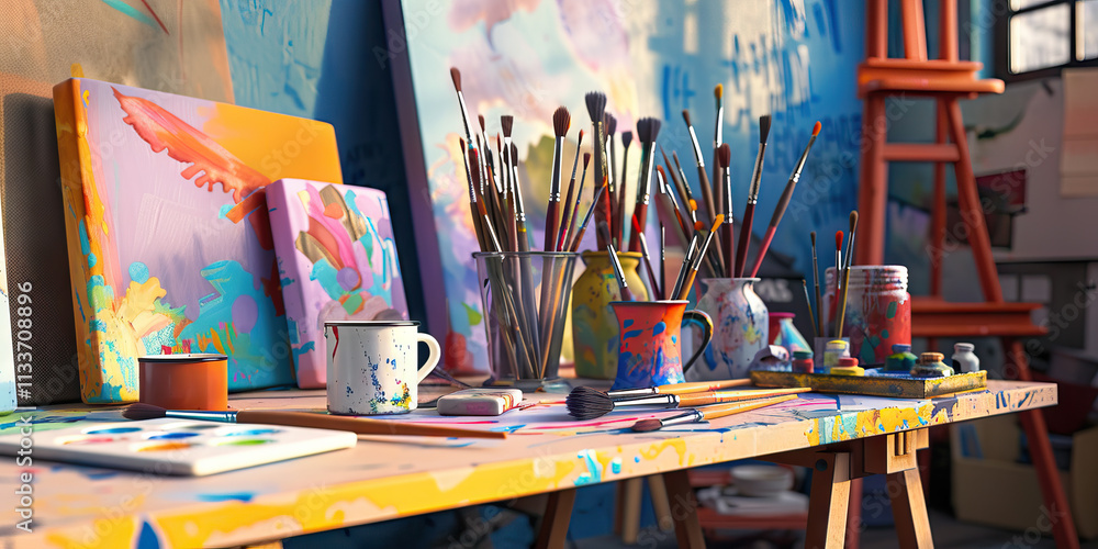 Artist's Studio Workspace with Abstract Paintings and Paint Supplies Artist's Studio Workspace with Abstract Paintings and Paint Supplies