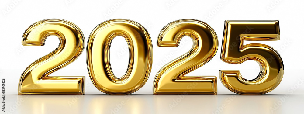 Perspective view of 3D golden text 2025 on white background. Perspective view of 3D golden text 2025 on white background.