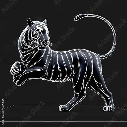 A sleek black tiger illustration with white outlines, featuring elegant curves and sharp angles for a dynamic and bold design on a solid black background. photo