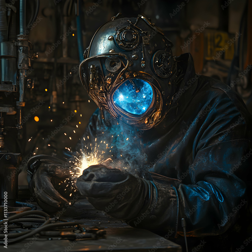 A Steampunk Welder in a Glowing Helmet, Focused on Their Work, Sparks Fly from a Metal Object in their Gloved Hands as They Weld in a dimly Lit Workshop. A Steampunk Welder in a Glowing Helmet, Focused on Their Work, Sparks Fly from a Metal Object in their Gloved Hands as They Weld in a dimly Lit Workshop.