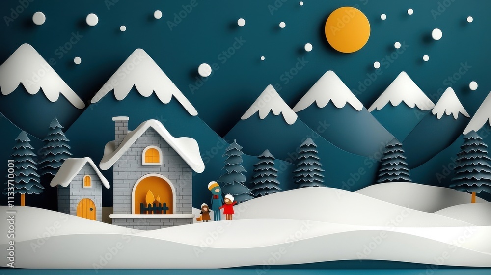 Cozy winter cabin nestled in a snowy mountain landscape under a clear night sky with a full moon and twinkling stars The warm glow from the cabin windows contrasts with the peaceful Cozy winter cabin nestled in a snowy mountain landscape under a clear night sky with a full moon and twinkling stars The warm glow from the cabin windows contrasts with the peaceful