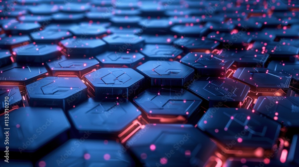 Obraz premium Complex hexagonal network processing big data with glowing lines and nodes, representing data flow and advanced technology in a futuristic and abstract way