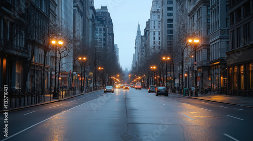 Empty city street at night. Cars drive slowly. Tall buildings line the street. Street lamps light up the scene. Quiet atmosphere. Urban setting. Night view. Calm ambiance.