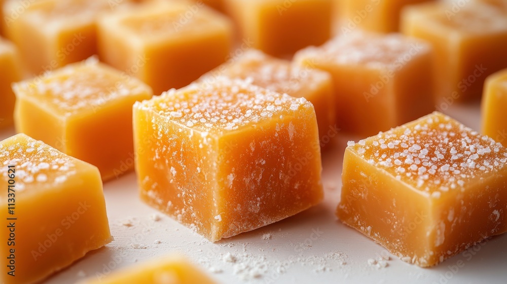 Close-up of Soft, Chewy, Orange Caramel Candies with a Light Dusting of Sugar on a White Background, Perfect for Sweet Treats and Dessert Inspiration Close-up of Soft, Chewy, Orange Caramel Candies with a Light Dusting of Sugar on a White Background, Perfect for Sweet Treats and Dessert Inspiration
