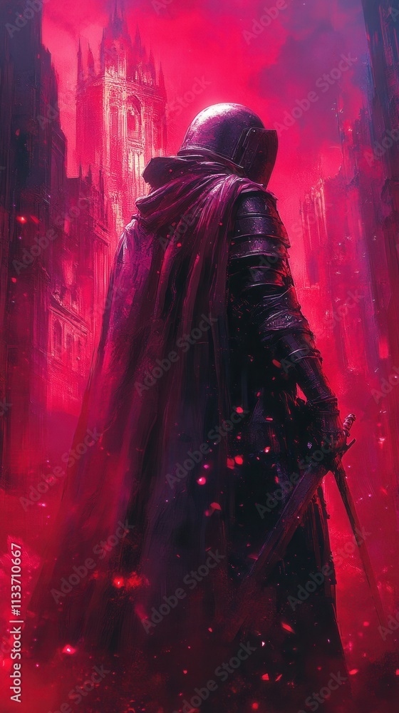 A cloaked figure stands in a misty, red-hued environment, suggesting a dark fantasy theme. A cloaked figure stands in a misty, red-hued environment, suggesting a dark fantasy theme.