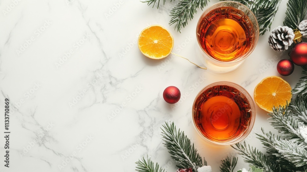 Festive Drinks and Winter Decorations on Marble Festive Drinks and Winter Decorations on Marble
