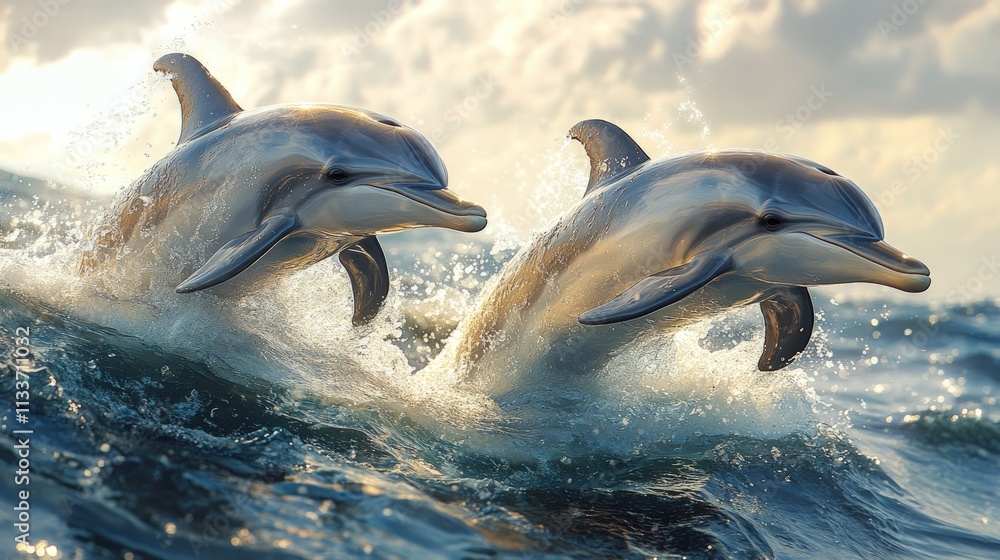 Obraz premium Two dolphins leap, ocean wave splashes.