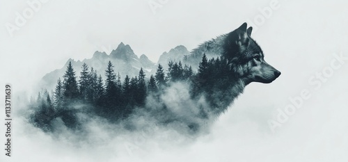 Wallpaper Mural A wolf silhouette blends with a misty forest landscape and mountains. Torontodigital.ca