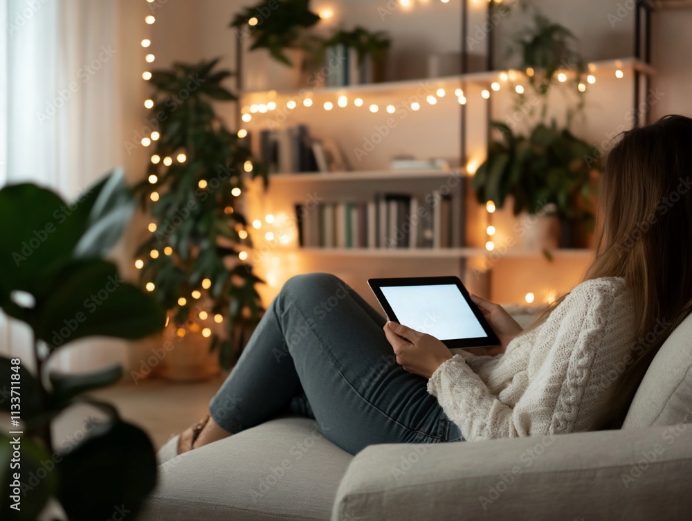 Woman relaxing on couch using tablet, cozy home. Woman relaxing on couch using tablet, cozy home.