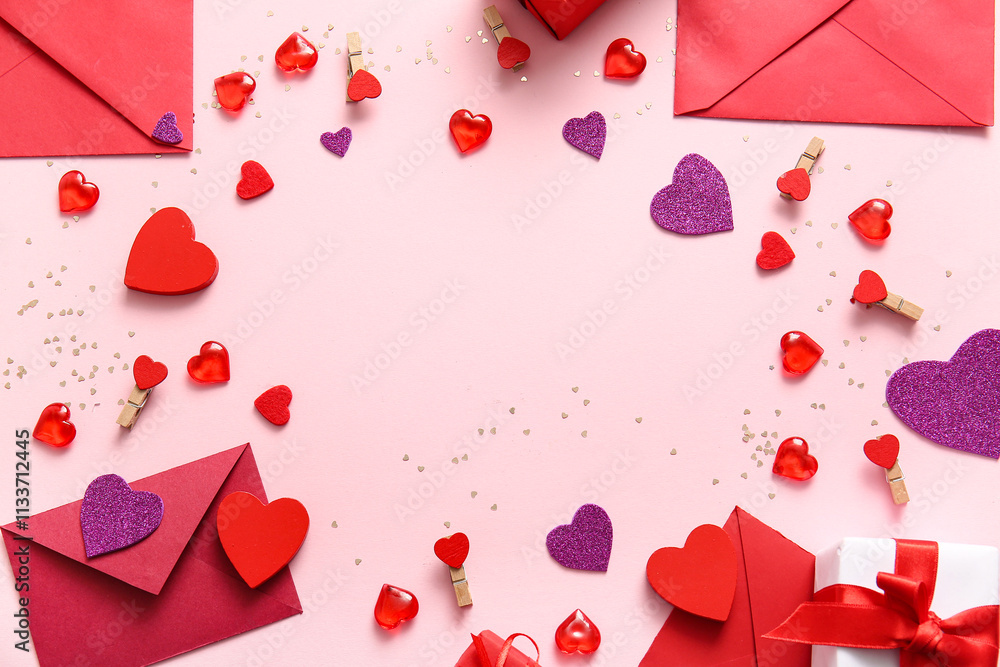 Frame made of envelopes and hearts on pink background. Valentine's Day celebration Frame made of envelopes and hearts on pink background. Valentine's Day celebration