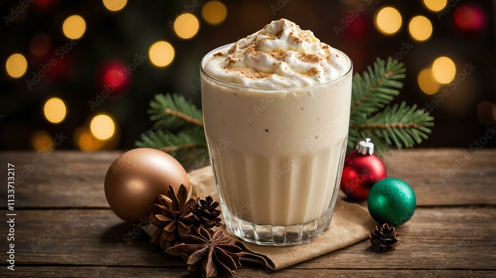 eggnog milkshake served on a wooden table with Christmas theme eggnog milkshake served on a wooden table with Christmas theme