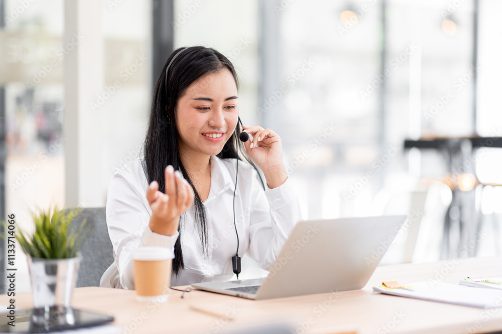 Smiling friendly asian female call-center agent with headset working on support call center agent hotline in the office Smiling friendly asian female call-center agent with headset working on support call center agent hotline in the office