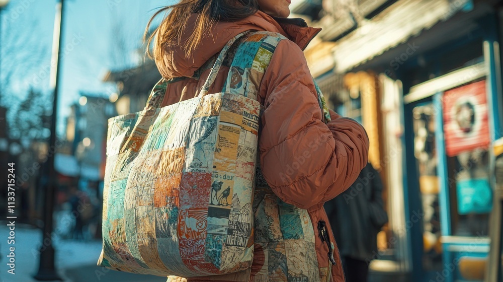 Obraz premium Stylish Woman in Recycled Jacket With Eco-Friendly Tote Bag