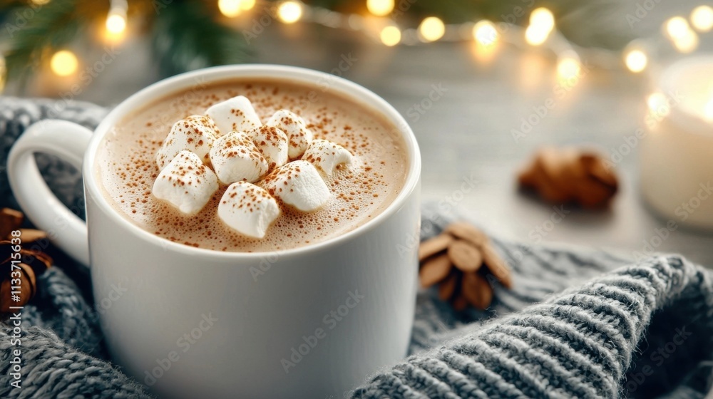 Cozy mug of hot cocoa with fluffy marshmallows set in a winter wonderland scene with festive lights knitted fabrics and a warm inviting atmosphere Ideal for cozy Cozy mug of hot cocoa with fluffy marshmallows set in a winter wonderland scene with festive lights knitted fabrics and a warm inviting atmosphere Ideal for cozy