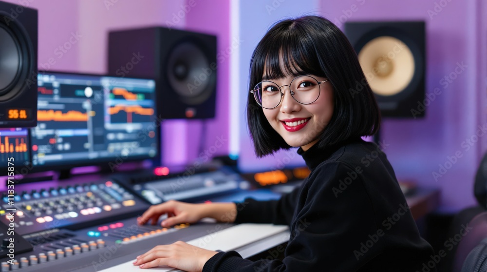 Woman sound engineer operating mixing console, vibrant studio lighting, representing creativity and professionalism for music themes. Woman sound engineer operating mixing console, vibrant studio lighting, representing creativity and professionalism for music themes.