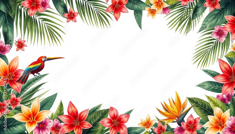 Frame border tropical floral botanical texture pattern featuring birds of paradise and palm leaves The seamless design is perfect for backgrounds Frame border tropical floral botanical texture pattern featuring birds of paradise and palm leaves The seamless design is perfect for backgrounds