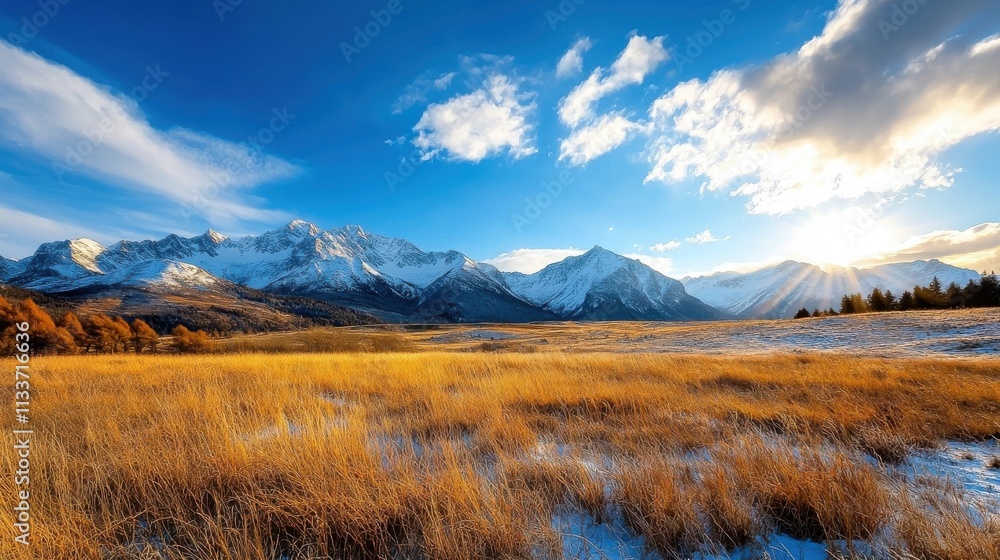 Obraz premium Breathtaking autumn landscape with snow capped mountain peaks golden meadows and a serene lake reflecting the dramatic sky at sunset Scenic and peaceful natural environment in the wilderness