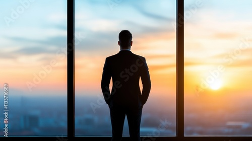 A silhouetted figure in a suit stands before a panoramic window, gazing at a vibrant sunset over a city skyline. photo